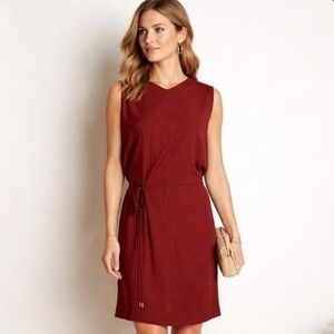 Diane von Furstenberg Brick Red 100% Silk Shift Dress 4 Drawstring Waist Chic